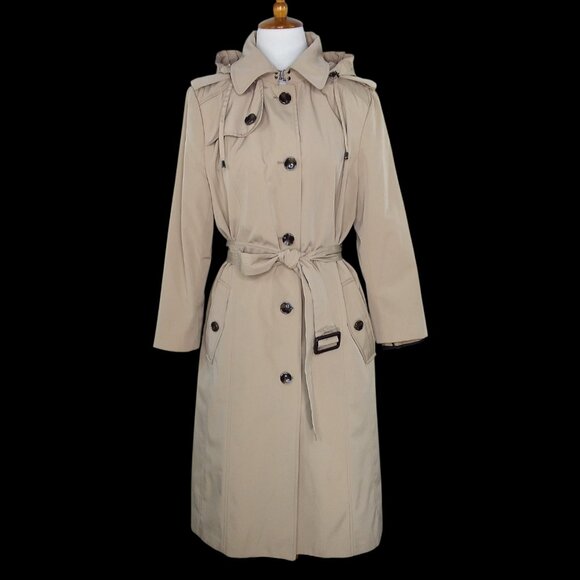 London Fog Maxi Trench Coat Size Large Hooded Belt Removable Liner Khaki - Picture 1 of 16